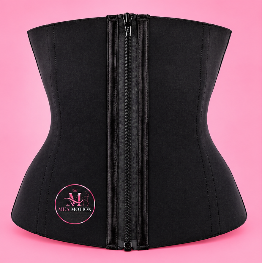 MEA MOTION Signature Waist Trainer, front view with zipper closure and pink MEA MOTION logo on a pink background