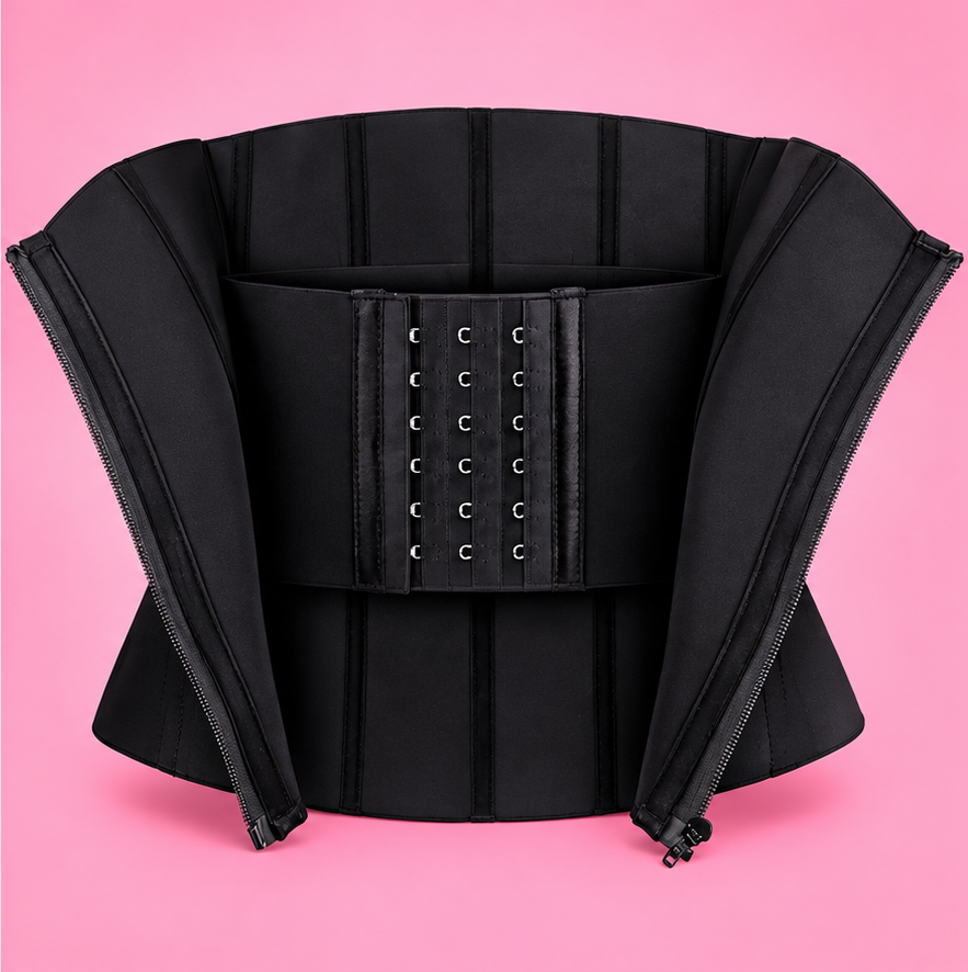 Inside of the MEA MOTION Signature Waist Trainer showing the inner hook-and-eye closure on a pink background